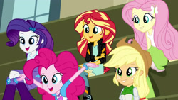 Size: 3410x1920 | Tagged: safe, screencap, applejack, fluttershy, pinkie pie, rarity, sunset shimmer, equestria girls, g4, my little pony equestria girls: friendship games, applejack's hat, boots, canterlot high, chs rally song, clothes, cowboy hat, female, grin, hairpin, hat, high res, jacket, leather, leather jacket, open mouth, open smile, shoes, smiling