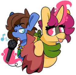 Size: 1656x1620 | Tagged: safe, artist:myahster, oc, oc only, oc:bizarre song, oc:mystery brew, pegasus, pony, unicorn, art trade, duo, magic, microphone, no pupils, singing