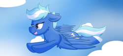 Size: 1024x473 | Tagged: safe, artist:exobass, oc, oc only, oc:exobass, pegasus, pony, :p, cheek fluff, chest fluff, cloud, day, ear fluff, ears back, eyelashes, female, flying, lidded eyes, mare, outdoors, pegasus oc, signature, sky, smiling, smirk, solo, spread wings, tongue out, wings