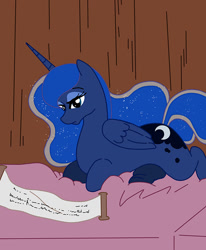 Size: 600x728 | Tagged: safe, artist:ask--luna-and-rarity, princess luna, alicorn, pony, series:arc 1, g4, bed, scroll, ship, solo