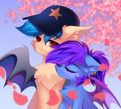Size: 2500x2255 | Tagged: safe, artist:airiniblock, oc, oc only, oc:evening lily, oc:moonshot, bat pony, pony, rcf community, cherry blossoms, commission, couple, cute, duo, eveshot, flower, flower blossom, high res, hug, love, shipping, smiling