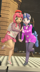 Size: 2160x3840 | Tagged: safe, artist:cdv, oc, oc only, oc:butter muffin, oc:pocket galaxy, unicorn, anthro, plantigrade anthro, 3d, cute, duo, duo female, female, high res, holding hands, lesbian, outdoors, posing for photo, source filmmaker