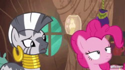 Size: 640x360 | Tagged: safe, screencap, pinkie pie, zecora, earth pony, pony, zebra, g4, it isn't the mane thing about you, season 7, animated, duo, eyes closed, female, floppy ears, gif, gifs.com, long neck, mare, open mouth, open smile, pinkie being pinkie, smiling, twisted neck, zecora's hut