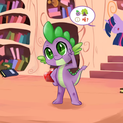 Size: 1280x1280 | Tagged: safe, artist:brella, spike, twilight sparkle, dragon, pony, unicorn, g4, fangs, female, golden oaks library, male, mare, no eyes, peace sign, pictogram, smiling, stairs, unicorn twilight