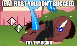 Size: 642x389 | Tagged: safe, artist:bronydebates, oc, oc:brawny buck, oc:northwind, pegasus, pony, caption, clothes, duo, glasses, image macro, imgflip, jacket, meme, ponyville, text, wingless