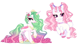Size: 1280x758 | Tagged: safe, artist:gihhbloonde, oc, oc only, unnamed oc, changepony, hybrid, pony, unicorn, :3, body markings, bunny tail, closed mouth, collar, colored hooves, crown, cyan eyes, duo, female, floating, flower, flower on ear, frown, gradient hair, gradient mane, gradient tail, hoof shoes, horn, horn ring, interspecies offspring, jewelry, long hair, long mane, long tail, magical lesbian spawn, mare, offspring, open mouth, parent:princess cadance, parent:queen chrysalis, parents:cadalis, peytral, pigtails, pink eyes, princess shoes, raised hoof, regalia, ring, simple background, smiling, sparkly mane, sparkly tail, standing, tail, tiara, transparent background