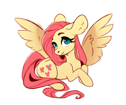 Size: 1189x1000 | Tagged: safe, artist:28gooddays, fluttershy, pegasus, pony, g4, female, looking at you, lying down, mare, no pupils, prone, simple background, smiling, solo, spread wings, turned head, white background, wings