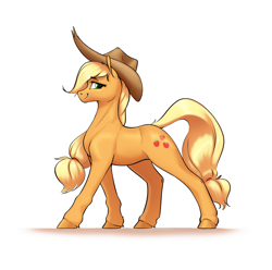 Size: 2394x2373 | Tagged: safe, artist:aquaticvibes, applejack, earth pony, pony, applejack's hat, cowboy hat, female, hat, high res, looking back, mare, profile, simple background, smiling, solo, walking, white background
