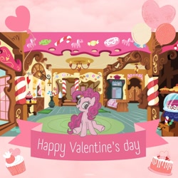 Size: 1080x1080 | Tagged: safe, artist:mylittleponyjpn, pinkie pie, earth pony, pony, g4, official, heart, holiday, sitting, solo, sugarcube corner, valentine's day