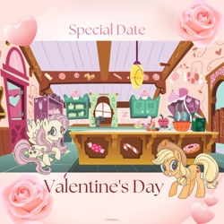 Size: 1080x1080 | Tagged: safe, artist:mylittleponyjpn, applejack, fluttershy, earth pony, pegasus, pony, g4, official, duo, heart, holiday, sugarcube corner, valentine's day