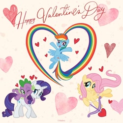 Size: 1080x1080 | Tagged: safe, artist:mylittleponyjpn, fluttershy, rainbow dash, rarity, spike, dragon, pegasus, pony, unicorn, g4, official, arrow, bow (weapon), bow and arrow, female, floating heart, happy valentines day, heart, holiday, male, rainbow heart, ship:sparity, shipping, straight, translation request, valentine's day, weapon