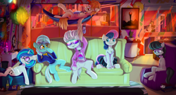 Size: 5050x2735 | Tagged: safe, artist:mjsw, bon bon, dj pon-3, lyra heartstrings, octavia melody, sweetie drops, vinyl scratch, oc, earth pony, pegasus, pony, unicorn, g4, apartment, clothes, female, high res, male, mare, siblings, stallion, television