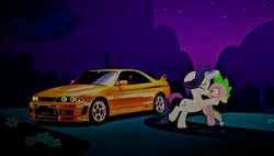 Size: 2535x1441 | Tagged: artist needed, safe, rarity, spike, dragon, pony, unicorn, g4, blushing, car, dragon x pony, eyes closed, female, interspecies, kiss on the lips, kissing, male, night, nissan, nissan skyline, ship:sparity, shipping, straight, vector