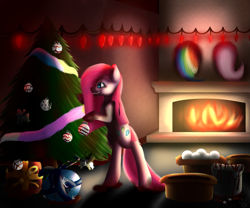 Size: 2683x2236 | Tagged: safe, artist:maneblue, pinkie pie, earth pony, pony, g4, bipedal, christmas, christmas tree, female, fireplace, high res, holiday, implied fluttershy, implied rainbow dash, mare, pinkamena diane pie, rainbow tail, smiling, solo, tail, tree