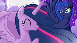 Size: 1280x720 | Tagged: safe, artist:sallyso, princess luna, twilight sparkle, alicorn, pony, g4, the last problem, duo, ethereal mane, eyelashes, female, flying, full moon, mare, moon, older, older twilight, older twilight sparkle (alicorn), outdoors, princess twilight 2.0, starry mane, twilight sparkle (alicorn)