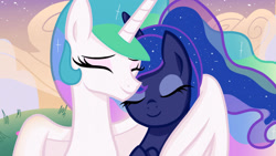 Size: 1280x720 | Tagged: safe, artist:sallyso, princess celestia, princess luna, alicorn, pony, g4, bust, duo, eyelashes, eyes closed, female, hug, mare, outdoors, siblings, sisters, winghug, wings