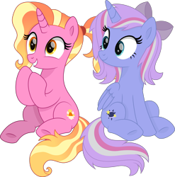 Size: 6087x6160 | Tagged: safe, artist:starcollider, luster dawn, oc, oc:starcollider, alicorn, pony, unicorn, g4, the last problem, .svg available, absurd resolution, alicorn oc, base used, bow, duo, duo female, female, folded wings, grin, hair bow, horn, mare, shading, simple background, sitting, smiling, svg, transparent background, underhoof, vector, wings