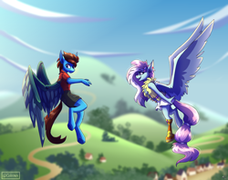 Size: 2900x2300 | Tagged: safe, artist:celes-969, kerfuffle, oc, oc:jasper darkblaze, pegasus, anthro, unguligrade anthro, g4, amazed, amputee, anthro oc, artificial wings, augmented, blurry background, canon x oc, cargo shorts, cel shading, clothes, commission, complex background, detailed background, duo, fanart, flying, hair tie, high res, highlights, hope hollow, long mane, long tail, mechanical wing, miniskirt, pegasus oc, pincushion, polo shirt, prosthetic leg, prosthetic limb, prosthetic wing, prosthetics, scenery, shading, skirt, tail, vest, watermark, wings
