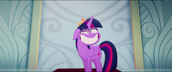 Size: 1920x808 | Tagged: safe, screencap, twilight sparkle, alicorn, pony, g4, my little pony: the movie, awkward smile, big grin, canterlot castle, crown, eye twitch, faic, fake smile, female, forced smile, grin, horn, impossibly large smile, jewelry, looking at you, majestic as fuck, mare, nervous, nervous smile, regalia, reupload, smiling, smiling at you, solo, twilight sparkle (alicorn)