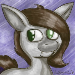 Size: 2000x2000 | Tagged: safe, artist:lil_vampirecj, oc, oc only, oc:cj vampire, earth pony, pony, brown mane, brown tail, bust, doodle, fangs, floppy ears, glasses off, green eyes, looking at you, portrait, purple tail highlight, sketch, smiling, smiling at you, solo, tail