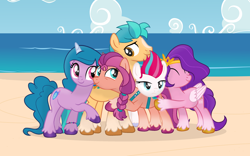 Size: 1920x1196 | Tagged: safe, artist:grapefruit-face, hitch trailblazer, izzy moonbow, pipp petals, sunny starscout, zipp storm, earth pony, pegasus, pony, unicorn, g4, g5, my little pony: a new generation, ^^, base used, beach, bracelet, eyes closed, female, folded wings, frown, g5 to g4, generation leap, group, group hug, hooves, horn, hug, jewelry, lidded eyes, male, mane five, mare, ocean, outdoors, shadow, show accurate, smiling, stallion, tail, unamused, unshorn fetlocks, water, wings, zipp storm is not amused