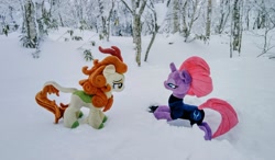 Size: 1024x597 | Tagged: safe, photographer:pakapaka1993, autumn blaze, tempest shadow, kirin, pony, unicorn, g4, duo, irl, japan, photo, plushie, snow, tree, winter