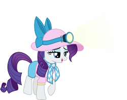 Size: 3814x3000 | Tagged: safe, artist:cloudy glow, rarity, dragon dropped, g4, .ai available, adorasexy, bow, clothes, cute, girly, hat, helmet, high res, light, mining helmet, neckerchief, raised hoof, raribetes, sexy, shirt, shorts, simple background, solo, sun hat, transparent background, vector