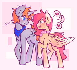 Size: 2348x2144 | Tagged: safe, artist:fuzzystarart, oc, oc:disterious, oc:pastel patches, pegasus, pony, unicorn, bell, blue eyes, collar, cute, duo, female, green eyes, high res, horn, male, mare, neckerchief, stallion, talking, wings