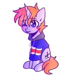 Size: 2500x2500 | Tagged: safe, artist:fuzzystarart, oc, oc only, oc:disterious, pony, unicorn, blue eyes, clothes, cute, high res, hoodie, horn, male, one eye closed, simple background, sitting, solo, stallion, tongue out, transparent background, wink