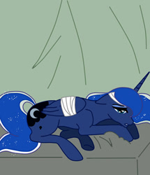 Size: 580x675 | Tagged: safe, artist:ask--luna-and-rarity, princess luna, alicorn, pony, series:arc 1, g4, bandage, bed, solo