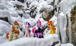 Size: 2048x1244 | Tagged: safe, photographer:pakapaka1993, autumn blaze, starlight glimmer, sunset shimmer, tempest shadow, kirin, pony, unicorn, g4, ice, icicle, irl, japan, photo, plushie, snow, winter