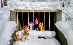 Size: 2048x1264 | Tagged: safe, photographer:pakapaka1993, autumn blaze, starlight glimmer, sunset shimmer, tempest shadow, kirin, pony, unicorn, g4, irl, jail, japan, photo, plushie, snow, winter