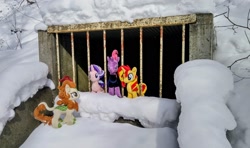 Size: 2048x1214 | Tagged: safe, photographer:pakapaka1993, autumn blaze, starlight glimmer, sunset shimmer, tempest shadow, kirin, pony, unicorn, g4, irl, jail, japan, photo, plushie, snow, winter