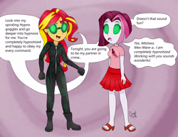 Size: 3300x2550 | Tagged: safe, artist:bageloftime, cayenne, sunset shimmer, oc, oc:mez-mare-a, equestria girls, g4, catsuit, clothes, duo, duo female, feet, female, goggles, high res, hypnogoggles, hypnosis, hypnotized, sandals, skirt, swirly eyes, thief