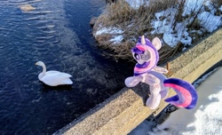 Size: 2048x1245 | Tagged: safe, photographer:pakapaka1993, twilight sparkle, alicorn, bird, pony, swan, g4, animal, irl, japan, photo, plushie, river, snow, solo, twilight sparkle (alicorn), water