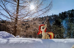 Size: 2048x1328 | Tagged: safe, photographer:pakapaka1993, oc, oc only, oc:poniko, earth pony, pony, earth pony oc, irl, japan, photo, plushie, snow, solo, sunflare, sunlight, tree, winter