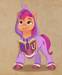 Size: 1710x2048 | Tagged: safe, artist:haruh_ink, part of a set, sunny starscout, twilight sparkle, earth pony, pony, unicorn, g5, my little pony: a new generation, alicorn costume, book, clothes, costume, cute, fake horn, fangirl, female, hoodie, hoof hold, in-universe pegasister, kigurumi, mare, markings, onesie, pajamas, raised hoof, sleepwear, solo, sunnybetes, twilight sparkle costume, unshorn fetlocks