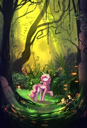 Size: 815x1200 | Tagged: safe, artist:siliciaart, princess cadance, alicorn, pony, g4, alternate hairstyle, braid, commission, dappled sunlight, female, forest, mare, mushroom, profile, scenery, solo, tree