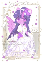 Size: 1200x1800 | Tagged: safe, artist:xieyanbbb, part of a set, twilight sparkle, alicorn, semi-anthro, g4, alternate hairstyle, arm hooves, choker, clothes, colored pupils, cute, dress, female, flower, flower in hair, gloves, looking at you, mare, petals, pillar, rose, solo, twiabetes, twilight sparkle (alicorn), wedding dress