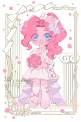 Size: 1200x1800 | Tagged: safe, artist:xieyanbbb, part of a set, pinkie pie, earth pony, semi-anthro, g4, alternate hairstyle, arm hooves, bouquet, clothes, colored pupils, cute, diapinkes, dress, female, flower, flower in hair, heart, hoof hold, looking at you, mare, open mouth, petals, ponytail, rose, solo, stockings, thigh highs, wedding dress