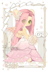 Size: 1200x1800 | Tagged: safe, artist:xieyanbbb, part of a set, fluttershy, semi-anthro, g4, arm hooves, backless, bouquet, choker, clothes, colored pupils, cute, dress, eye clipping through hair, flower, flower in hair, hair over one eye, looking at you, neck bow, petals, rose, shyabetes, solo, strapless, wedding dress, wrong eye color
