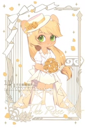 Size: 1200x1800 | Tagged: safe, artist:xieyanbbb, part of a set, applejack, semi-anthro, g4, arm hooves, bouquet, clothes, colored pupils, cute, dress, female, flower, flower in hair, hat, hoof hold, jackabetes, looking at you, mare, petals, rose, smiling, solo, wedding dress