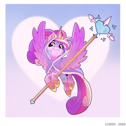 Size: 1280x1273 | Tagged: safe, artist:lummh, princess cadance, alicorn, pony, g4, abstract background, cloak, cloaked, clothes, crystal heart, crystal princess, female, heart, holiday, ponytail, priestess, princess of love, solo, staff, valentine's day