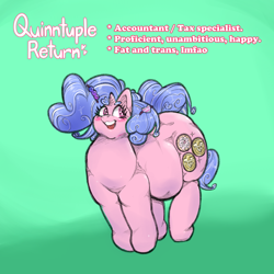 Size: 1300x1300 | Tagged: safe, artist:gabrielcoroum, oc, oc only, oc:quinntuple return, pony, unicorn, abstract background, blue mane, chubby cheeks, coin, colored, demigirl, demigirl pride flag, donut, double chin, fat, food, genderfluid, heart, looking away, pink coat, pink eyes, pride, pride flag, pronking, reference sheet, smiling, transgender