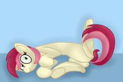 Size: 1040x690 | Tagged: safe, artist:kanw, derpibooru exclusive, roseluck, earth pony, pony, g4, behaving like a cat, blue background, cute, female, mare, pony pet, rosabetes, rosepet, silly, simple background, solo