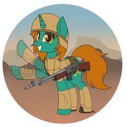 Size: 662x662 | Tagged: safe, artist:ponynamedmixtape, oc, oc only, oc:dust runner, pony, unicorn, fallout equestria, armor, b.a.r, body armor, browning automatic rifle, clothes, commission, female, gun, helmet, mare, military uniform, rifle, solo, standing, uniform, waving at you, weapon