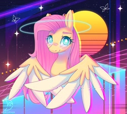 Size: 2212x1988 | Tagged: safe, artist:wavecipher, fluttershy, pegasus, pony, g4, aesthetics, colored wings, colored wingtips, cute, glasses, looking at you, retrowave, shyabetes, solo, spread wings, white pupils, wings