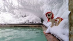Size: 2048x1152 | Tagged: safe, photographer:pakapaka1993, oc, oc only, oc:poniko, pony, hot springs, ice, icicle, irl, japan, photo, plushie, snow, solo, water, winter