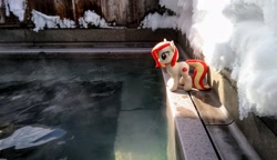 Size: 2048x1182 | Tagged: safe, photographer:pakapaka1993, oc, oc only, oc:poniko, pony, hot springs, irl, japan, photo, plushie, snow, solo, water, winter