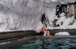 Size: 2048x1313 | Tagged: safe, photographer:pakapaka1993, oc, oc only, oc:poniko, pony, hot springs, irl, japan, photo, plushie, snow, solo, water, winter